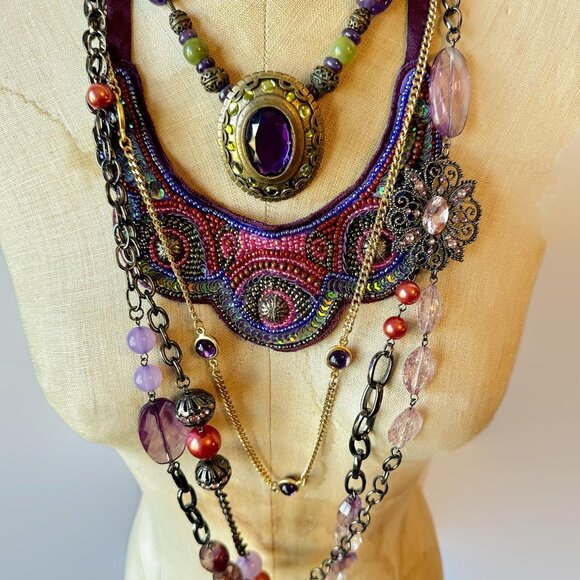 Vintage Layered Necklace Lot: Black Purple Boho Statement 4 Piece Purple Chicos - Picture 4 of 5